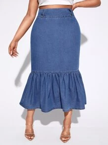 SHEIN SXY 大碼高腰魚尾裙下擺牛仔半身裙 - 深色水洗藍 - 查看 1