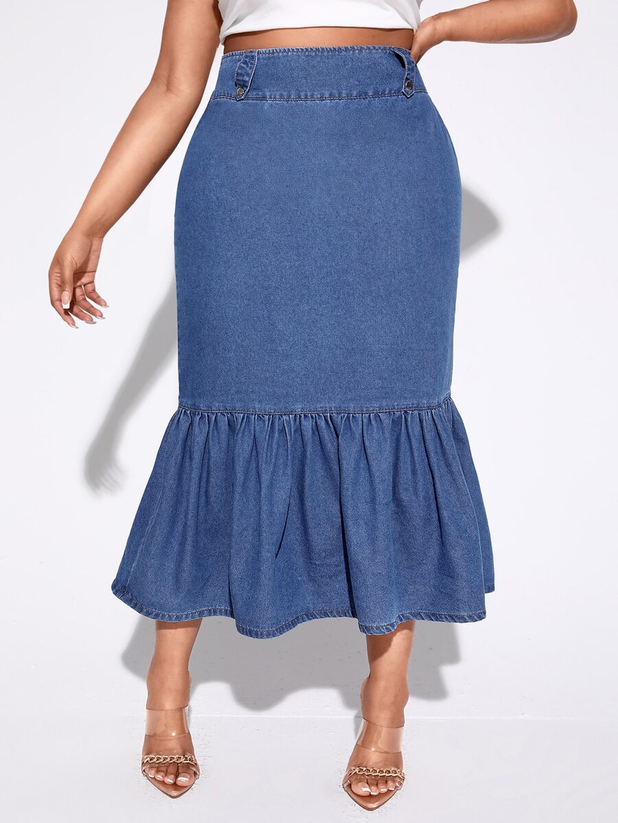 SHEIN SXY 大碼高腰魚尾裙下擺牛仔半身裙 - 深色水洗藍 - 查看 1
