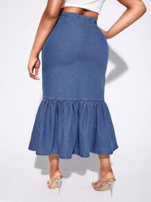 SHEIN SXY 大碼高腰魚尾裙下擺牛仔半身裙 - 深色水洗藍 - 查看 2