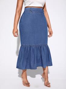 SHEIN SXY 大碼高腰魚尾裙下擺牛仔半身裙 - 深色水洗藍 - 查看 3