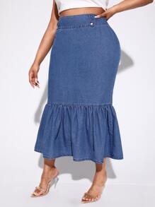 SHEIN SXY 大碼高腰魚尾裙下擺牛仔半身裙 - 深色水洗藍 - 查看 4