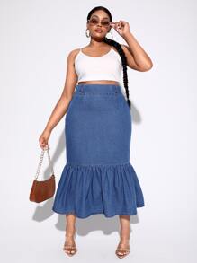 SHEIN SXY 大碼高腰魚尾裙下擺牛仔半身裙 - 深色水洗藍 - 查看 5