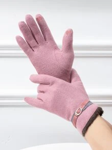Wool-Mix Buckle Decor Thermal Lined Gloves - Pink - View 1