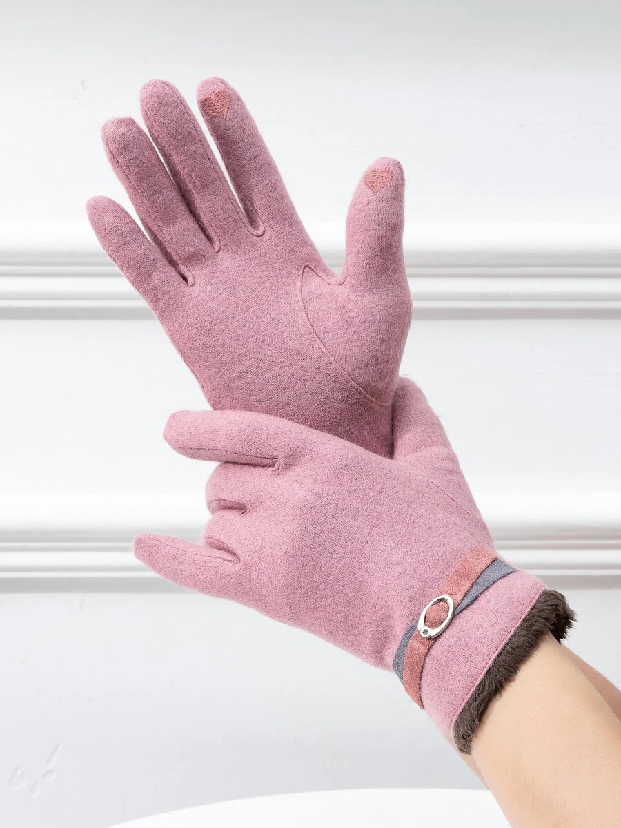 Wool-Mix Buckle Decor Thermal Lined Gloves - Pink - View 1