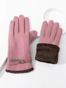 Wool-Mix Buckle Decor Thermal Lined Gloves - Pink - View 2