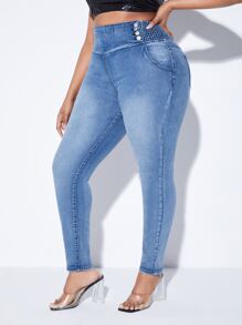 SHEIN Plus Light Wash Skinny Jeans - Light Wash - View 5
