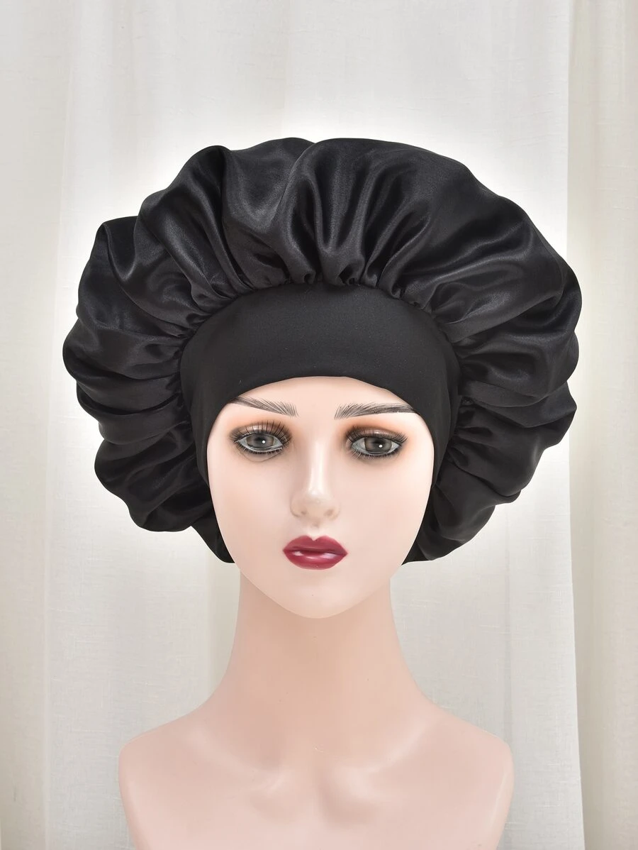 1pc Women's Black Wide-Brimmed Hair Cap Elastic Hair Care Sleeping Cap