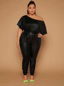 SHEIN SXY Plus Asymmetrical Neck Ruched Belted Jumpsuit - Black - View 5