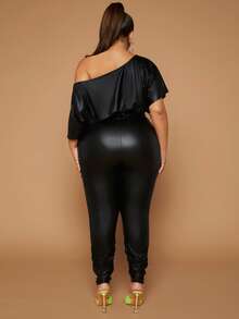 SHEIN SXY Plus Asymmetrical Neck Ruched Belted Jumpsuit - Black - View 2