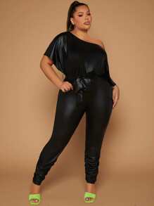 SHEIN SXY Plus Asymmetrical Neck Ruched Belted Jumpsuit - Black - View 3