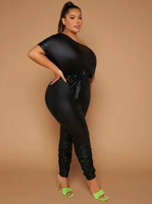 SHEIN SXY Plus Asymmetrical Neck Ruched Belted Jumpsuit - Black - View 4