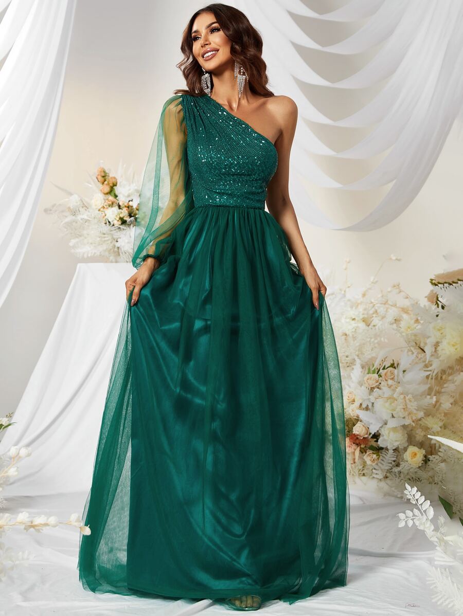 YISIKADO 單肩亮片拼接網紗覆蓋正式連衣裙