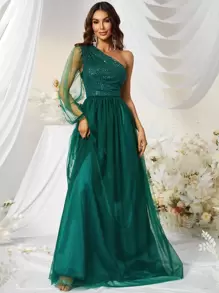 YISIKADO 單肩亮片拼接網紗覆蓋正式連衣裙 - 綠色 - 查看 4