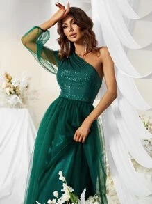 YISIKADO 單肩亮片拼接網紗覆蓋正式連衣裙 - 綠色 - 查看 6