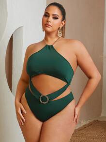 SHEIN SXY Plus Cut Out Ring Linked Halter Neck Backless Bodysuit - Dark Green - View 2