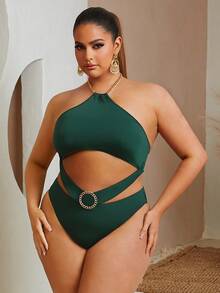 SHEIN SXY Plus Cut Out Ring Linked Halter Neck Backless Bodysuit - Dark Green - View 6