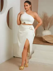 SHEIN SXY Top de un hombro con diamante de imitación con falda cruzada - Albaricoque - Ver 4