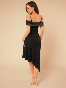 SHEIN Belle Vestido de hombros descubiertos bajo con fruncido - Negro - Ver 2