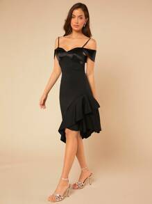 SHEIN Belle Vestido de hombros descubiertos bajo con fruncido - Negro - Ver 4