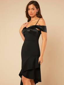 SHEIN Belle Vestido de hombros descubiertos bajo con fruncido - Negro - Ver 5