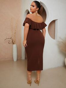 SHEIN SXY Vestido ajustado de hombros descubiertos ribete con fruncido sin cadena - Marrón - Ver 3