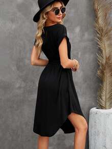 Solid Belted Curved Hem Dress - Black - View 2