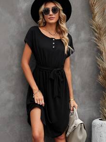 Solid Belted Curved Hem Dress - Black - View 3