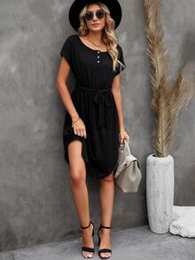 Solid Belted Curved Hem Dress - Black - View 5