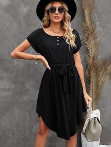 Solid Belted Curved Hem Dress - Black - View 6