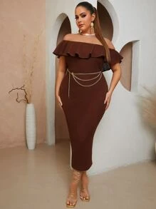 SHEIN SXY Vestido ajustado de hombros descubiertos ribete con fruncido sin cadena - Marrón - Ver 5