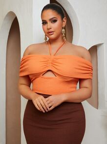 SHEIN SXY Plus Ruched Cutout Front Halter Top - Orange - View 1