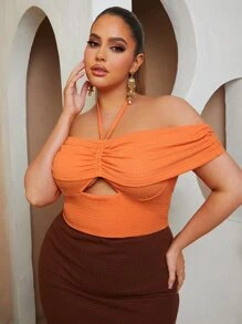 SHEIN SXY Plus Ruched Cutout Front Halter Top - Orange - View 5