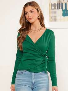 SHEIN Clasi Camiseta unicolor con nudo lateral - Verde - Ver 5