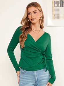 SHEIN Clasi Camiseta unicolor con nudo lateral - Verde - Ver 1
