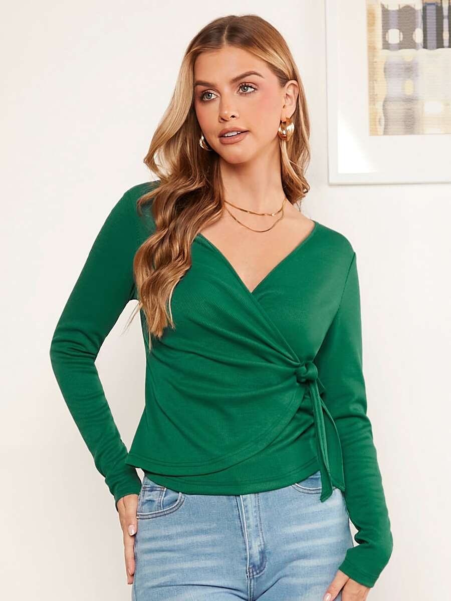SHEIN Clasi Camiseta unicolor con nudo lateral - Verde - Ver 1