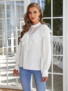 Simplee Blusa panel con encaje con botón delantero - Blanco - Ver 5