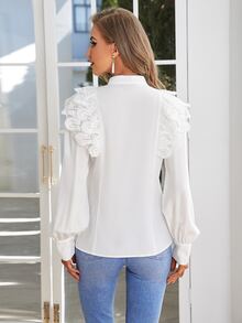 Simplee Blusa panel con encaje con botón delantero - Blanco - Ver 2