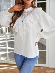 Simplee Blusa panel con encaje con botón delantero - Blanco - Ver 8
