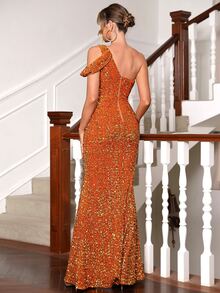LOVE&LEMONADE Asymmetrical Neck Split Thigh Sequin Formal Gown - Orange - View 2