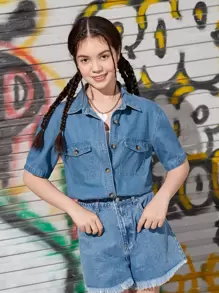 青少年女孩翻蓋口袋落肩袖牛仔襯衫