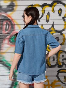 青少年女孩翻蓋口袋落肩袖牛仔襯衫