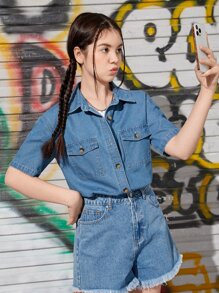 青少年女孩翻蓋口袋落肩袖牛仔襯衫