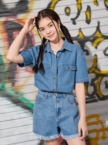 青少年女孩翻蓋口袋落肩袖牛仔襯衫