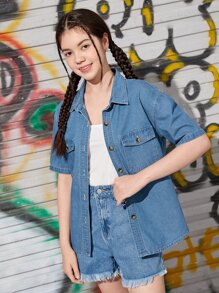 青少年女孩翻蓋口袋落肩袖牛仔襯衫