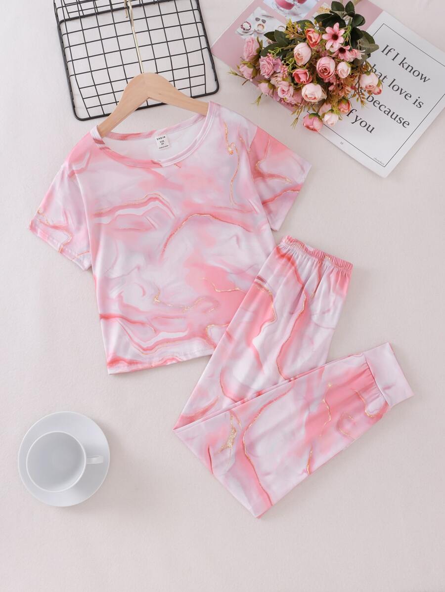 Girls Marble Print Snug Fit PJ Set - Multicolor - View 1