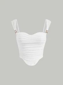SHEIN MOD Áo hai dây Bất đối xứng Xù màu trơn Giải trí - trắng - Xem 2