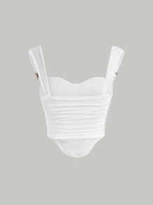 SHEIN MOD Áo hai dây Bất đối xứng Xù màu trơn Giải trí - trắng - Xem 8
