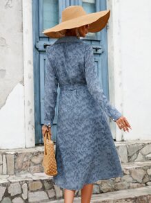 SHEIN LUNE Jacquard Button Front Shirt Dress Without Belt - Dusty Blue - View 4