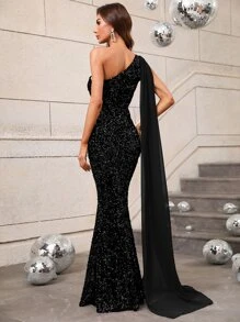 Faeriesty Elegant Shimmering Sequin Asymmetrical Neck Mermaid Gown – Perfect For Luxury Weddings, Evening Parties, Award Ceremonies, Black Tie Events, And Red Carpet Galas Party Dress Wedding Guest Dress Formal Dress Evening Dress - 黑色 - 查看 2