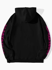 SHEIN EZwear Butterfly & Letter Graphic Kangaroo Pocket Drawstring Thermal Hoodie - Black - View 2